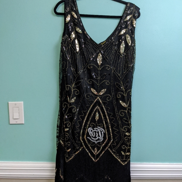 Jaos Wish Black Flapper Dress with Gold Sequins XXXL With Accessories - Picture 2 of 8
